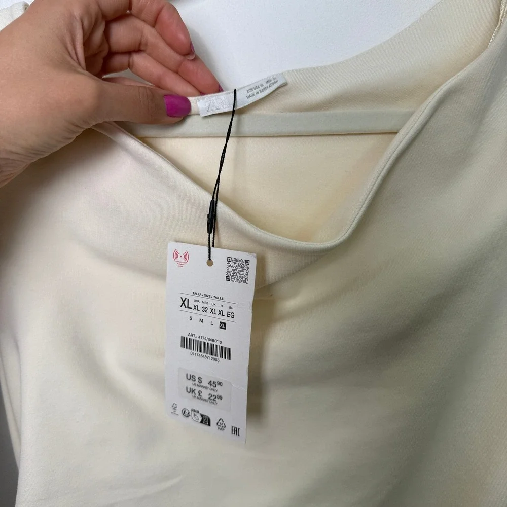 Zara Womens XL Cream Asymmetric Drape Midi Dress Sleeveless‎ Ruched 4174/648/712 - Picture 2 of 8